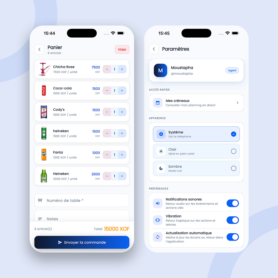 Application mobile Oryna pour les serveurs : panier de commande et paramètres agent
